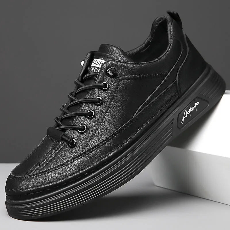 Men's casual shoes with black artificial PU upper, rubber sole, elastic band, low-top round-toe design