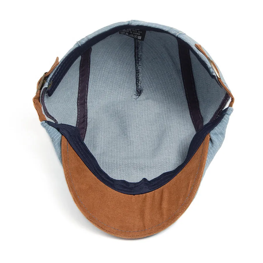 Retro men's cotton beret with dome crown in blue on white background
