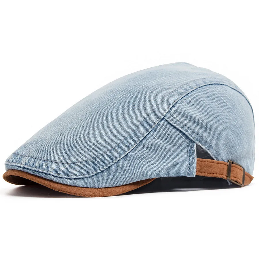 Retro men's cotton beret with dome crown in blue on white background