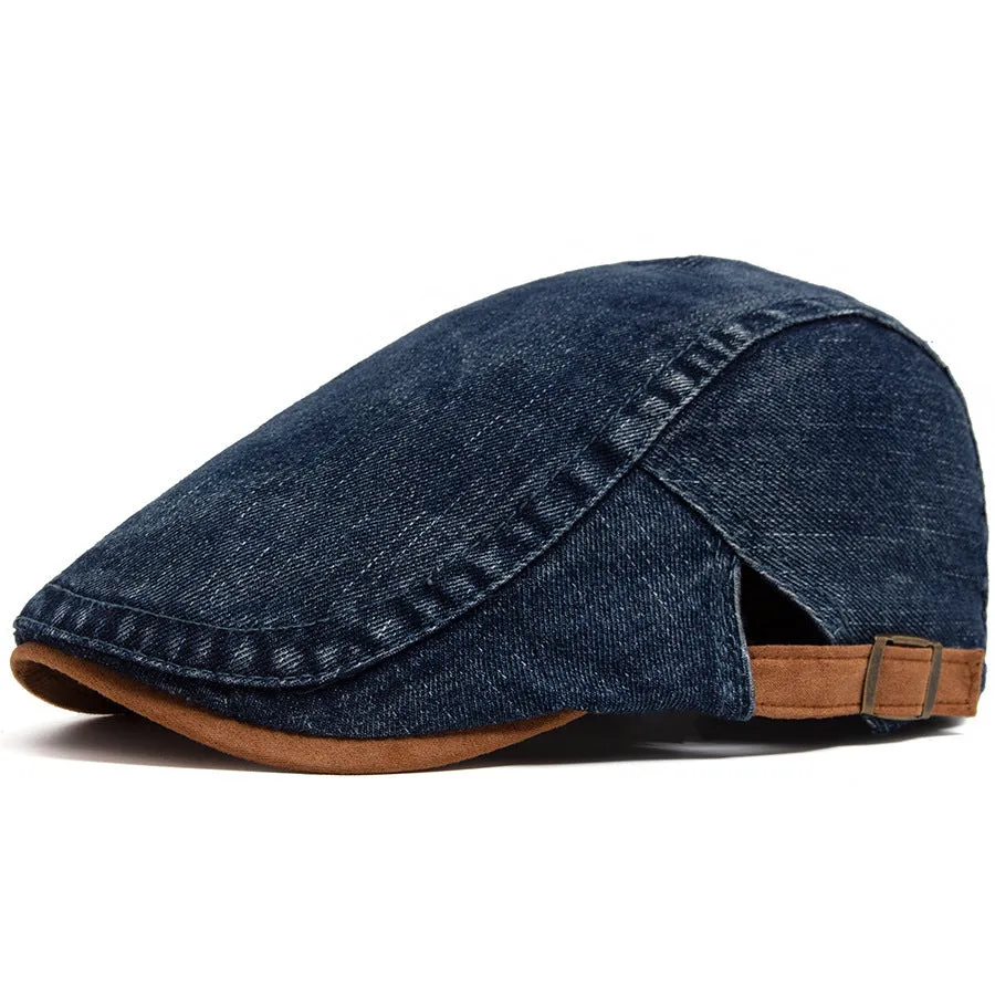 Retro men's cotton beret with dome crown in blue on white background