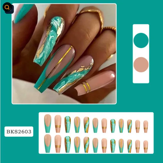 Pack of Ballet W067 wave line patterned nail stickers with pots of jelly glue on a pink background.