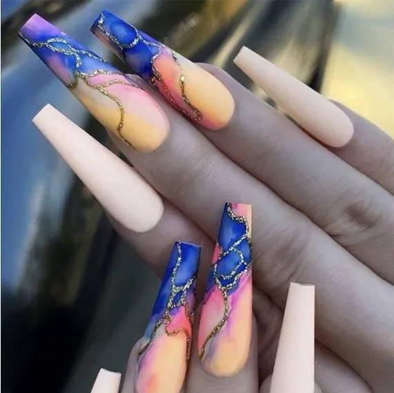 Pack of Ballet W067 wave line patterned nail stickers with pots of jelly glue on a pink background.