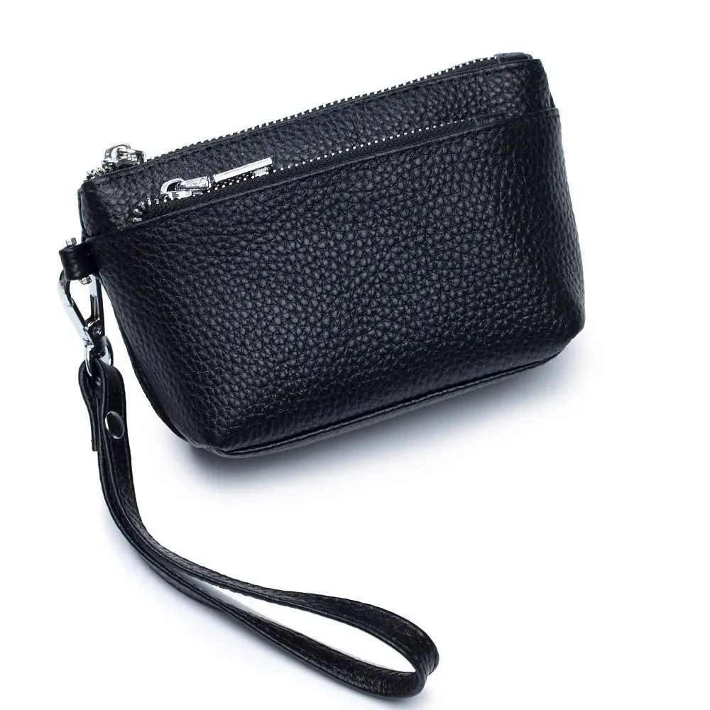 Women's leather long wallet clutch in avocado green with zipper closure and visible sewing lines