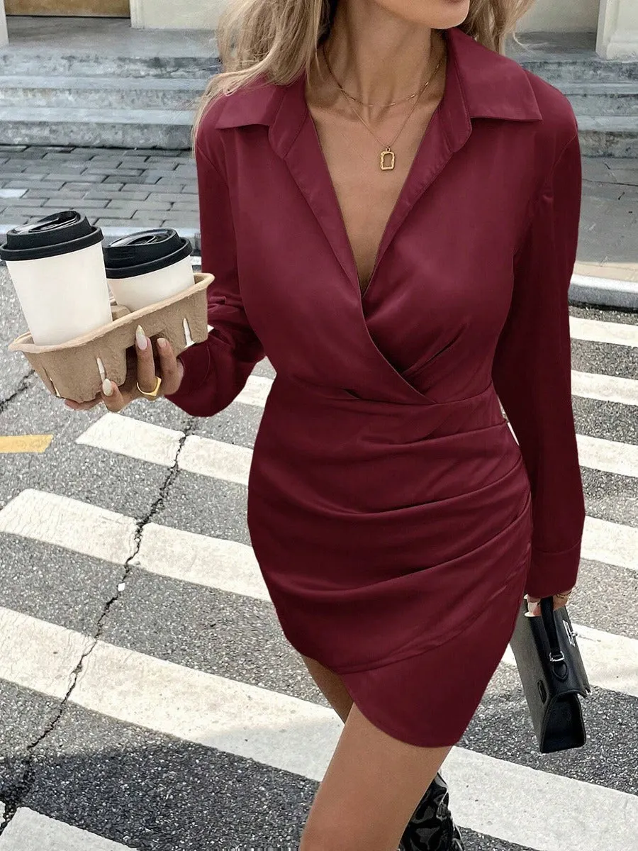 Long sleeve high waist satin polyester pleated short skirt dress in black with splicing detail