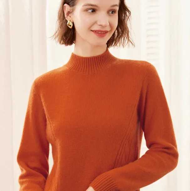 Women's pure cashmere turtleneck sweater in warm beige, high-neck design, soft knit texture