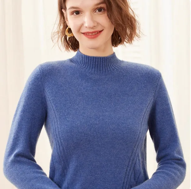 Women's pure cashmere turtleneck sweater in warm beige, high-neck design, soft knit texture
