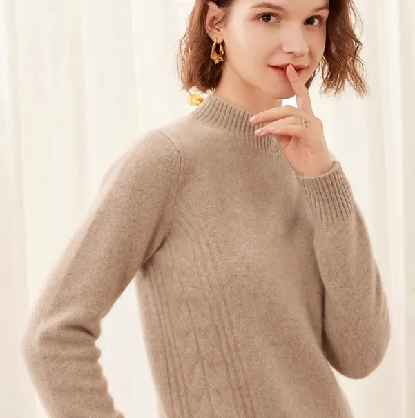Women's pure cashmere turtleneck sweater in warm beige, high-neck design, soft knit texture
