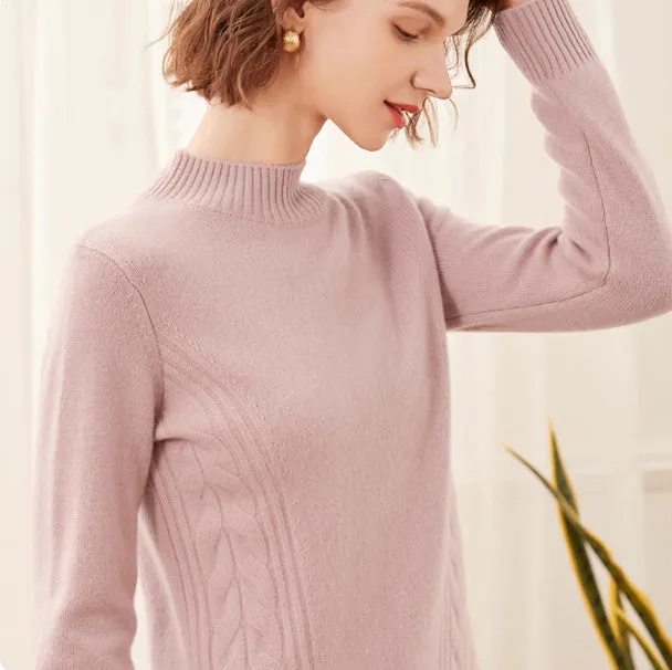 Women's pure cashmere turtleneck sweater in warm beige, high-neck design, soft knit texture