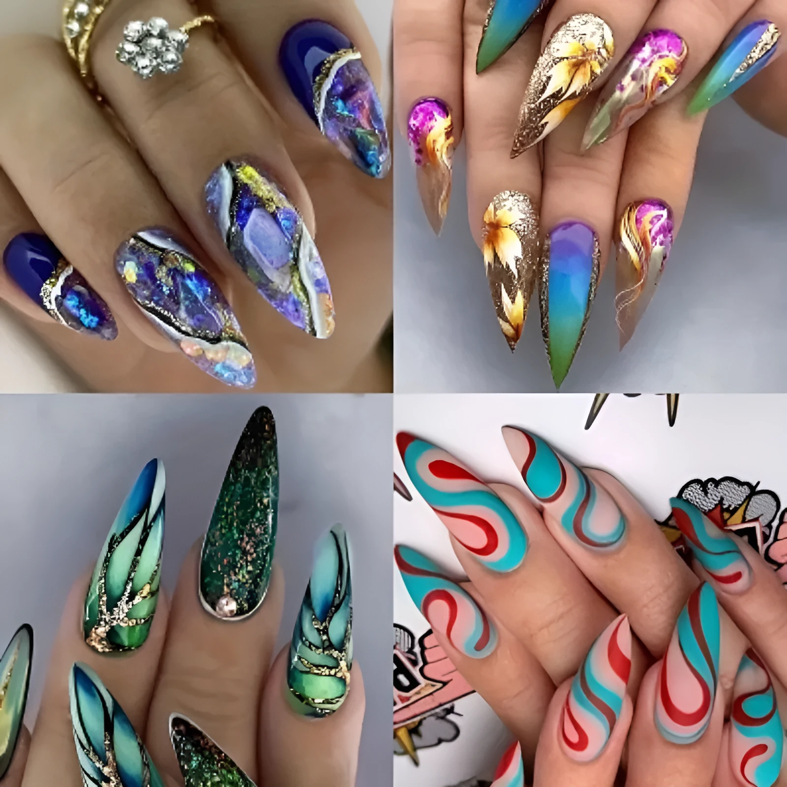 Almond-shaped rainbow nail stickers with colourful lines and plaid patterns in European Square style