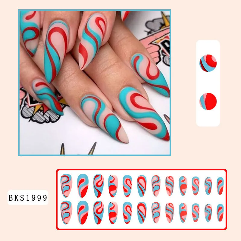 Almond-shaped rainbow nail stickers with colourful lines and plaid patterns in European Square style