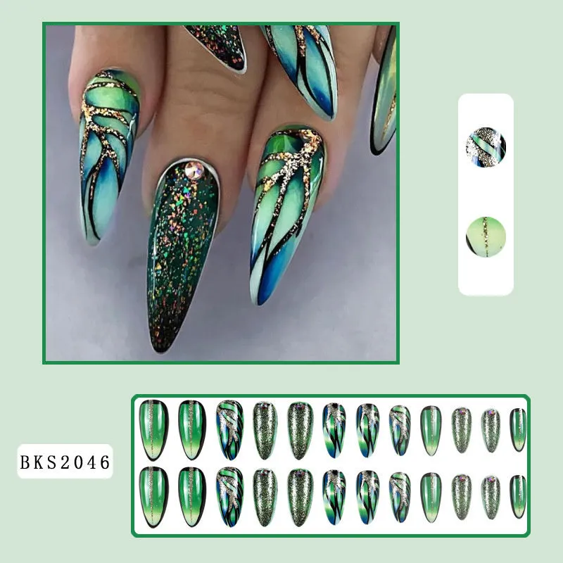 Almond-shaped rainbow nail stickers with colourful lines and plaid patterns in European Square style