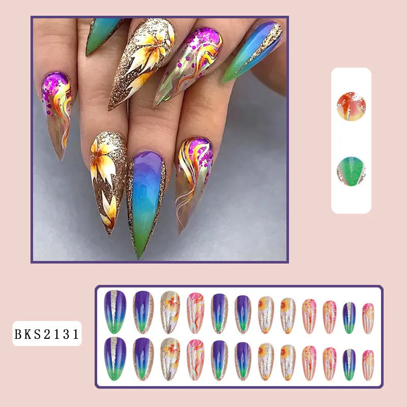 Almond-shaped rainbow nail stickers with colourful lines and plaid patterns in European Square style