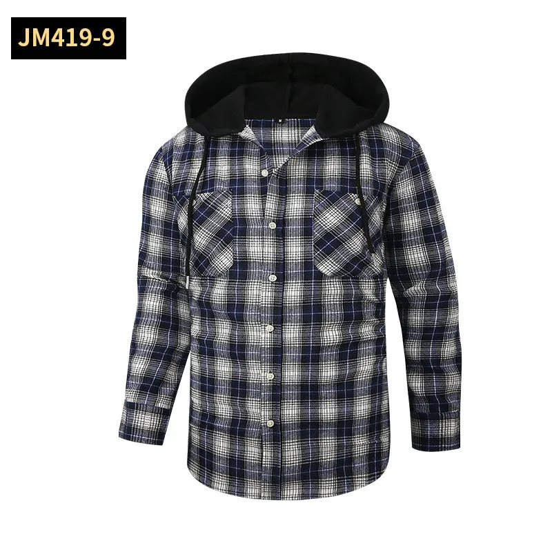 Loose fit casual flannel hooded plaid shirt in polyester with multiple colour options