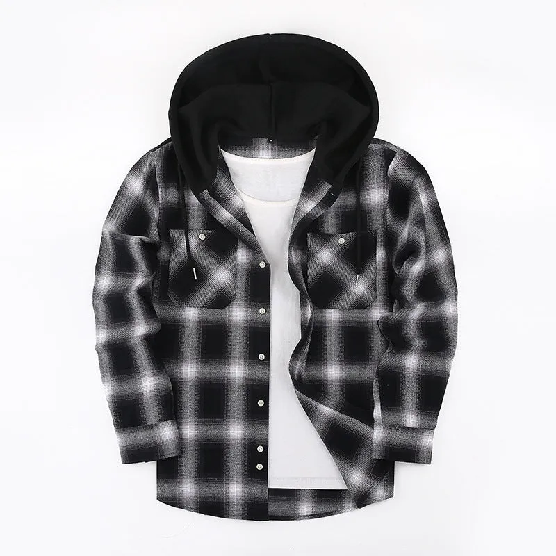 Loose fit casual flannel hooded plaid shirt in polyester with multiple colour options