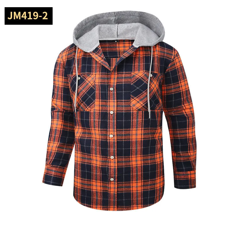 Loose fit casual flannel hooded plaid shirt in polyester with multiple colour options