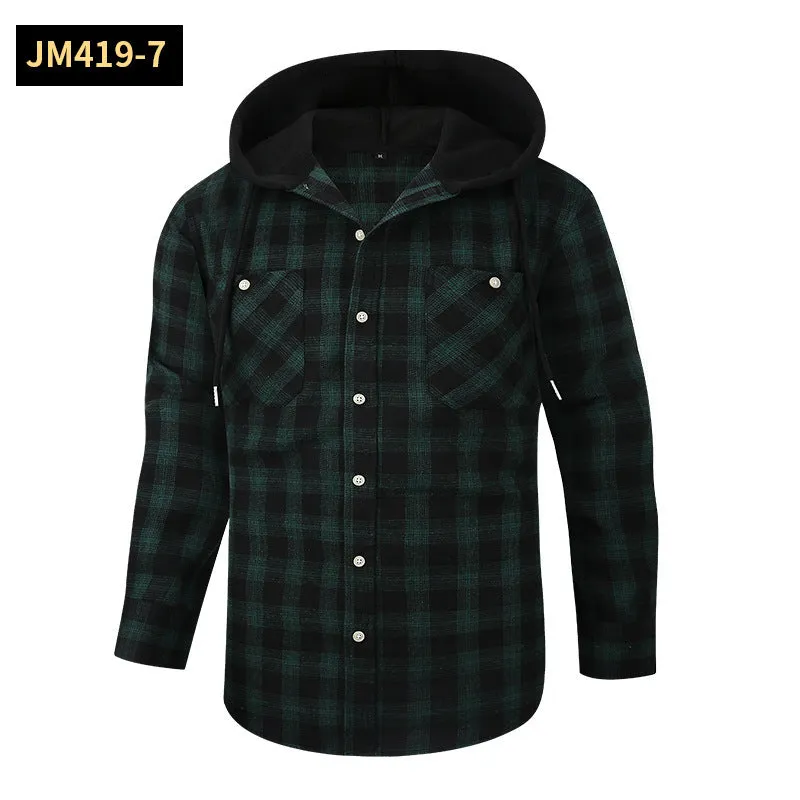 Loose fit casual flannel hooded plaid shirt in polyester with multiple colour options