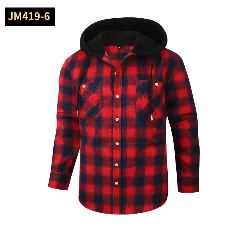 Loose fit casual flannel hooded plaid shirt in polyester with multiple colour options