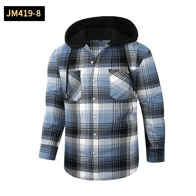Loose fit casual flannel hooded plaid shirt in polyester with multiple colour options