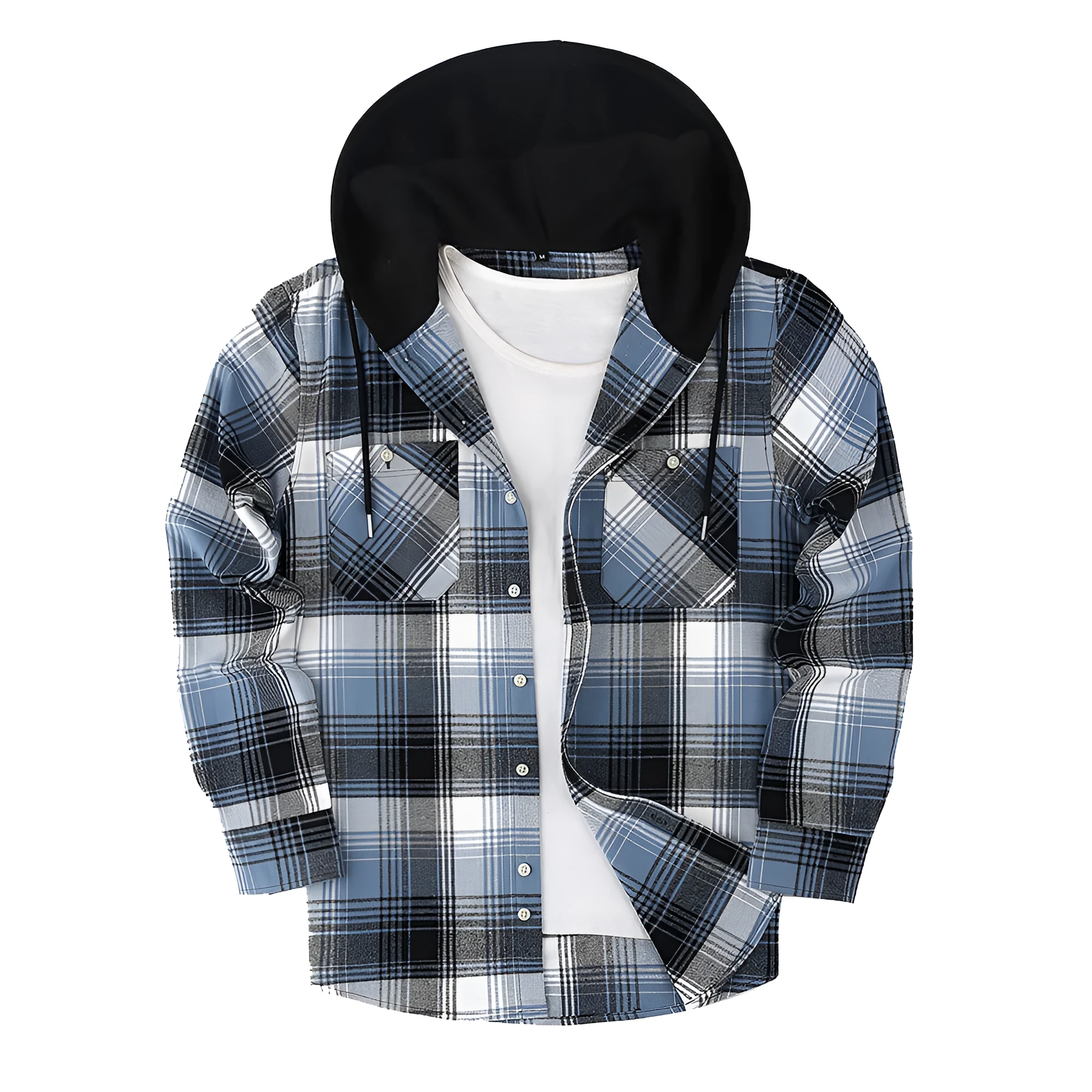 Loose fit casual flannel hooded plaid shirt in polyester with multiple colour options