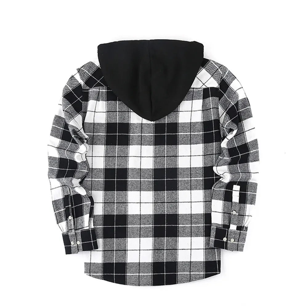 Loose fit casual flannel hooded plaid shirt in polyester with multiple colour options