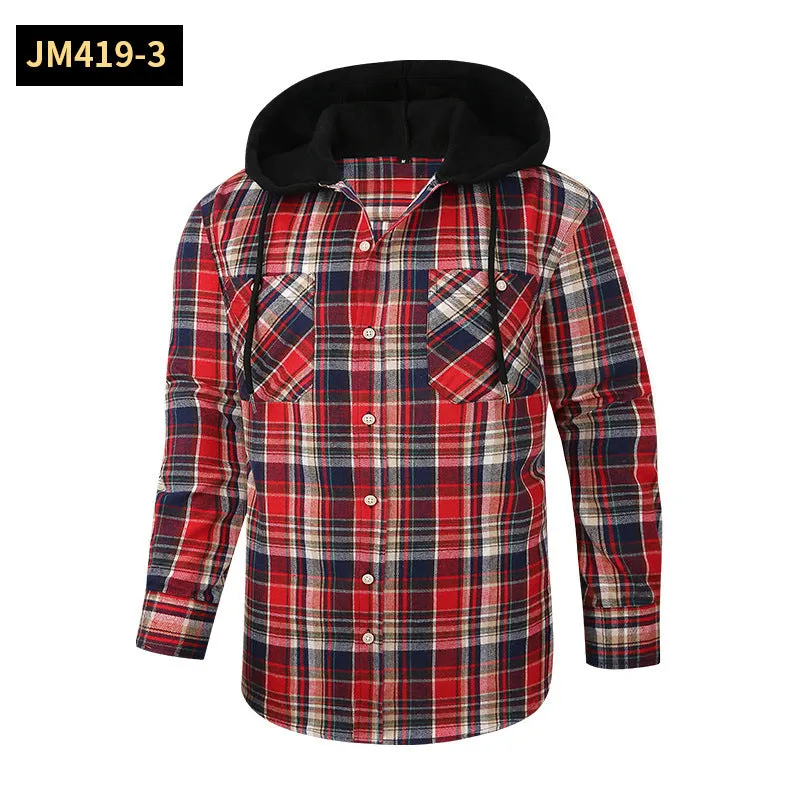 Loose fit casual flannel hooded plaid shirt in polyester with multiple colour options