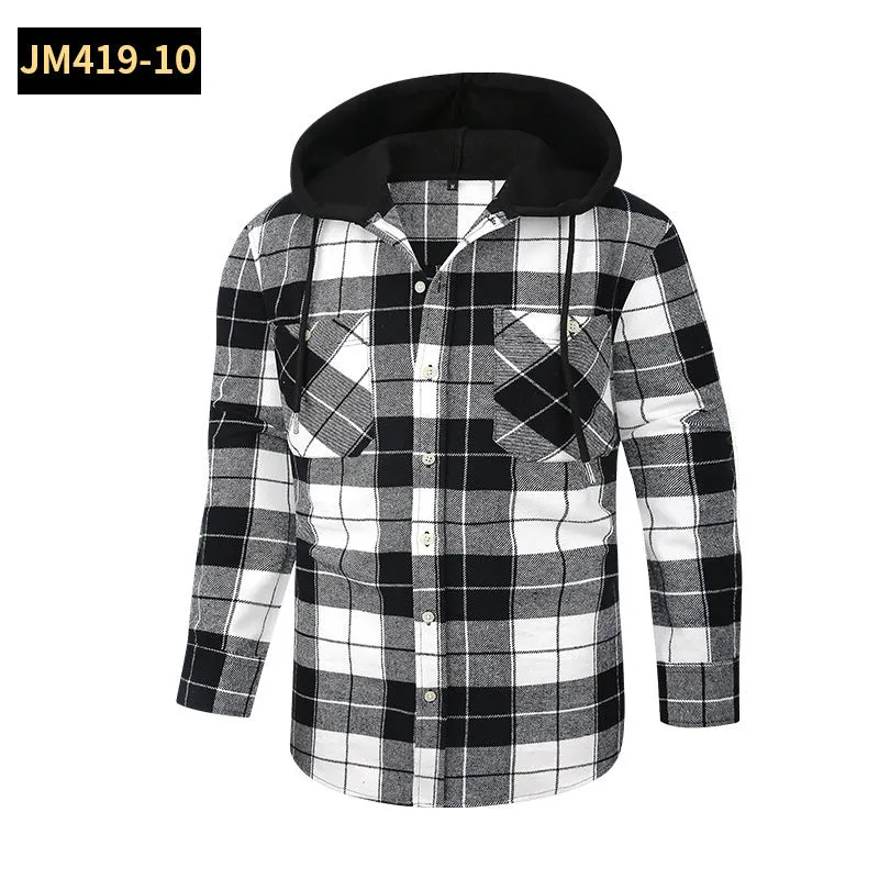 Loose fit casual flannel hooded plaid shirt in polyester with multiple colour options
