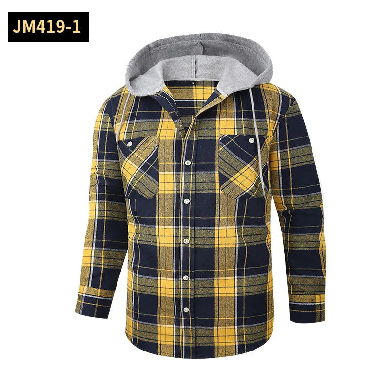 Loose fit casual flannel hooded plaid shirt in polyester with multiple colour options