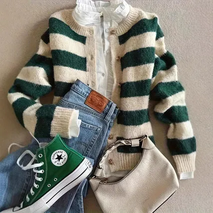 Green and white striped loose fit acrylic fibre knitted cardigan for women