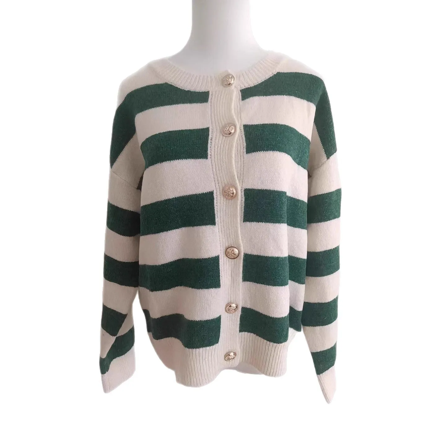 Green and white striped loose fit acrylic fibre knitted cardigan for women
