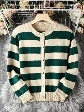 Green and white striped loose fit acrylic fibre knitted cardigan for women