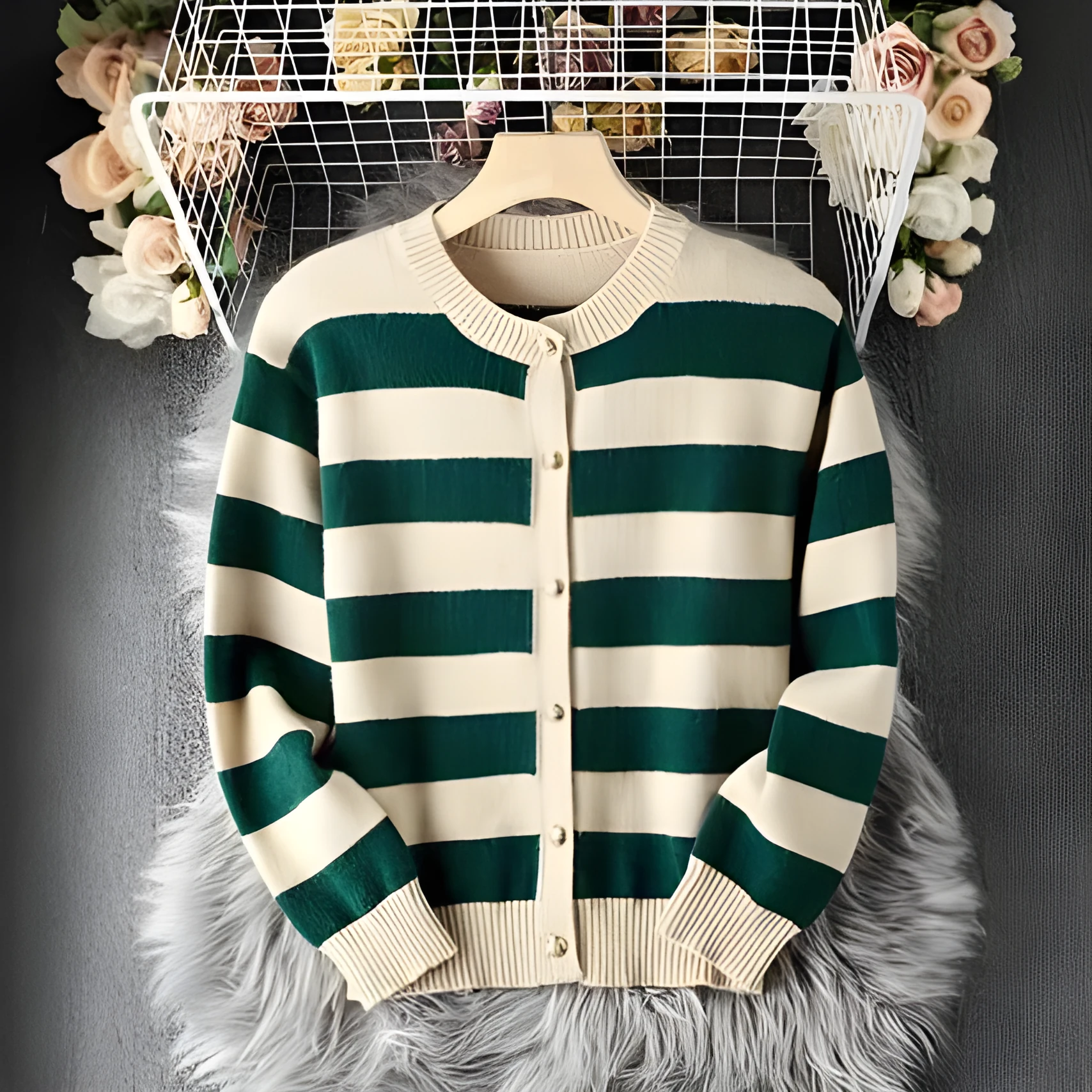 Green and white striped loose fit acrylic fibre knitted cardigan for women