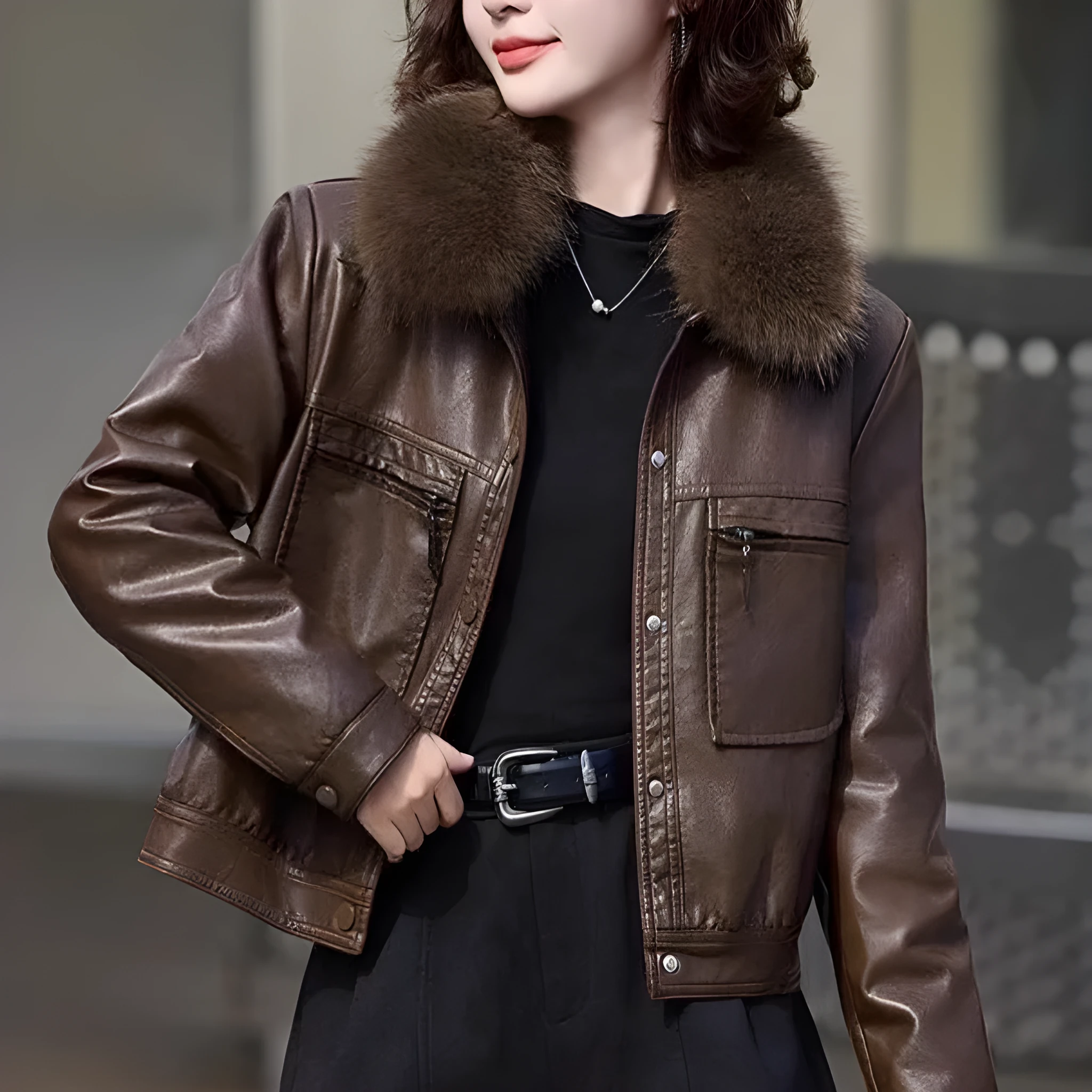 Women's fleece-lined thickened PU leather Western style short lapel coat in black with conventional sleeves