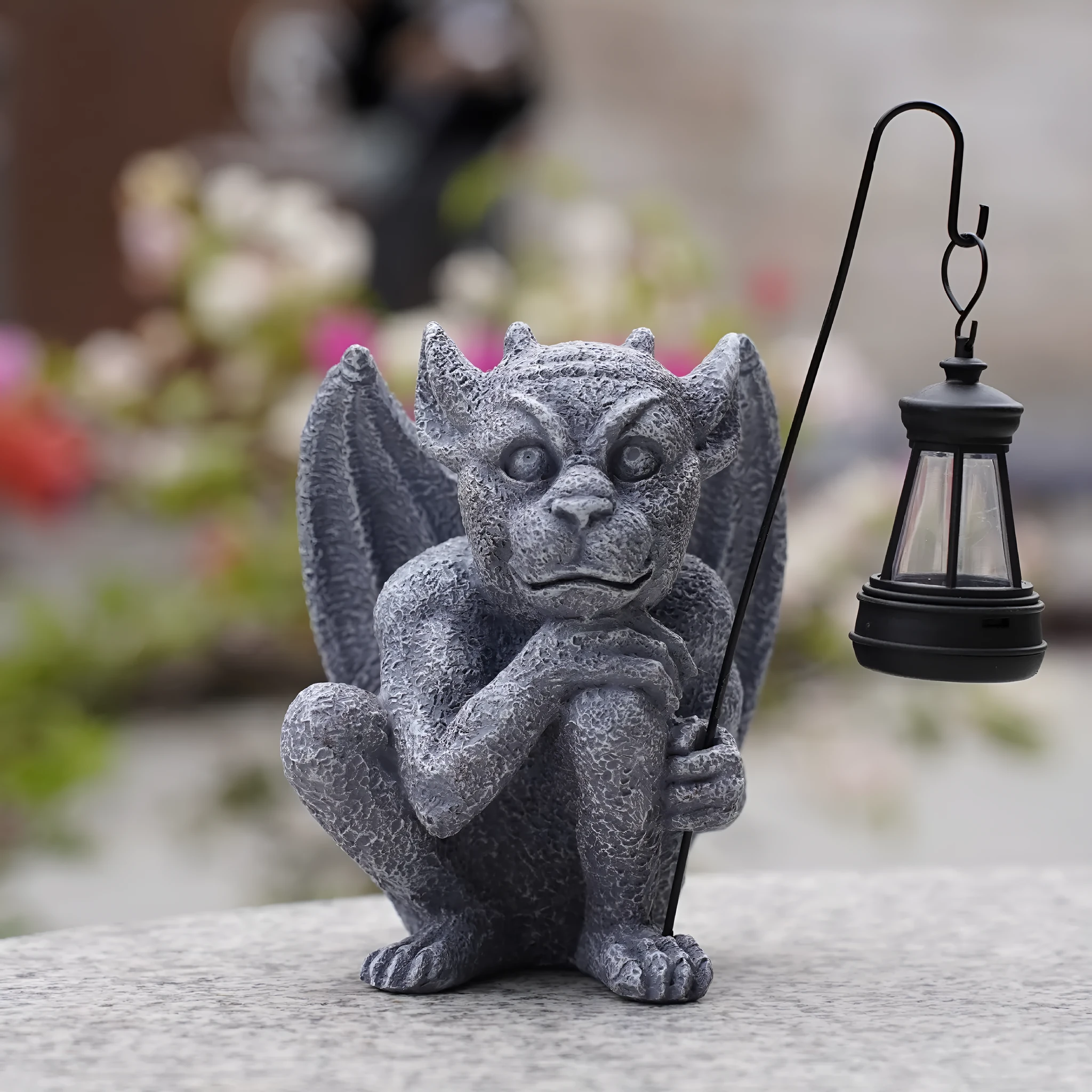 Resin stone statue ghost solar lamp with integrated solar panel on top of ghost head