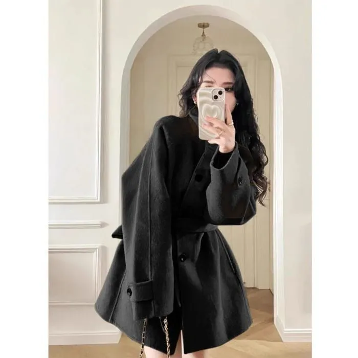 Korean style casual short woolen coat in black with button closure and conventional sleeves