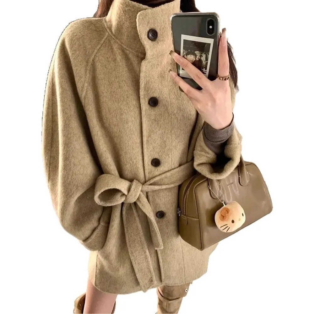 Korean style casual short woolen coat in black with button closure and conventional sleeves