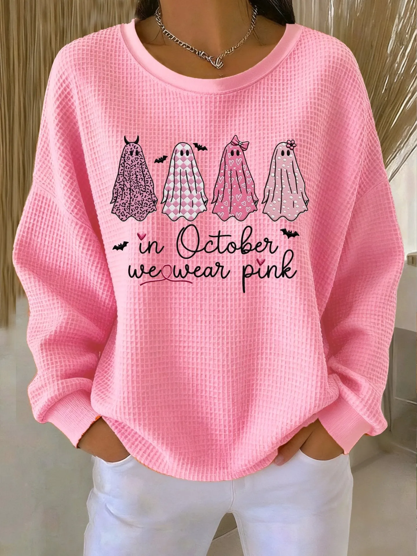 Women's loose-fitting casual pullover with 3D effect pattern in polyester, available in multiple colours