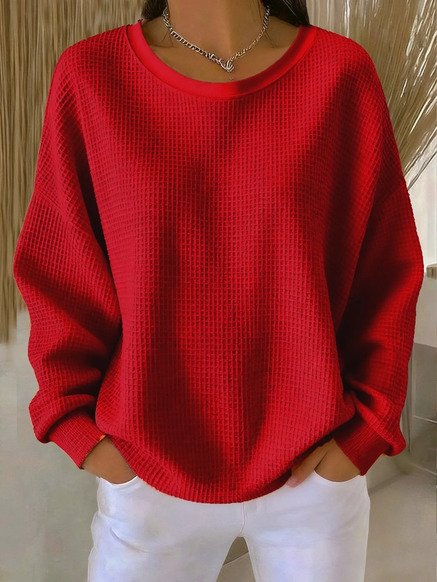 Women's loose-fitting casual pullover with 3D effect pattern in polyester, available in multiple colours
