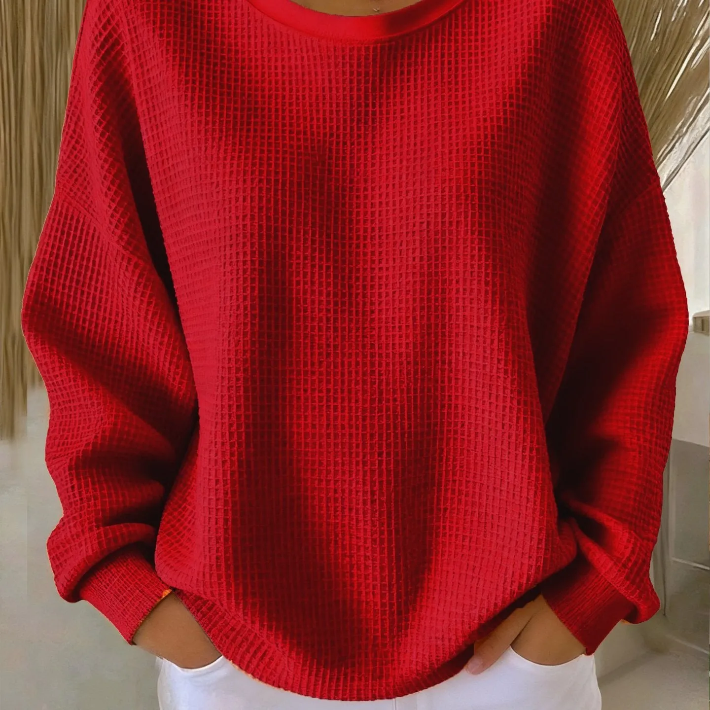 Women's loose-fitting casual pullover with 3D effect pattern in polyester, available in multiple colours