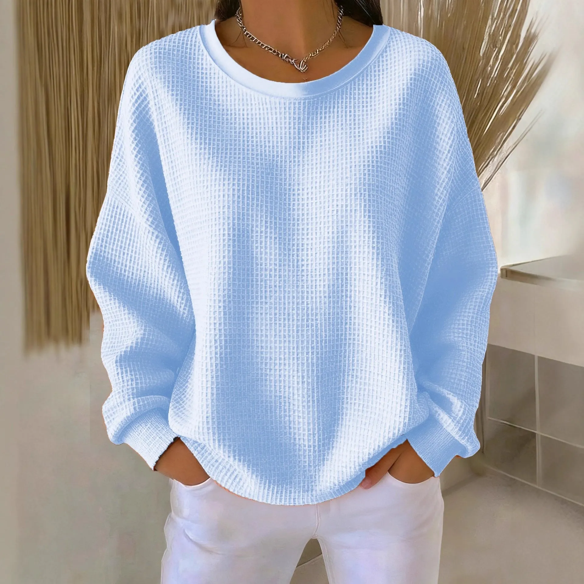 Women's loose-fitting casual pullover with 3D effect pattern in polyester, available in multiple colours