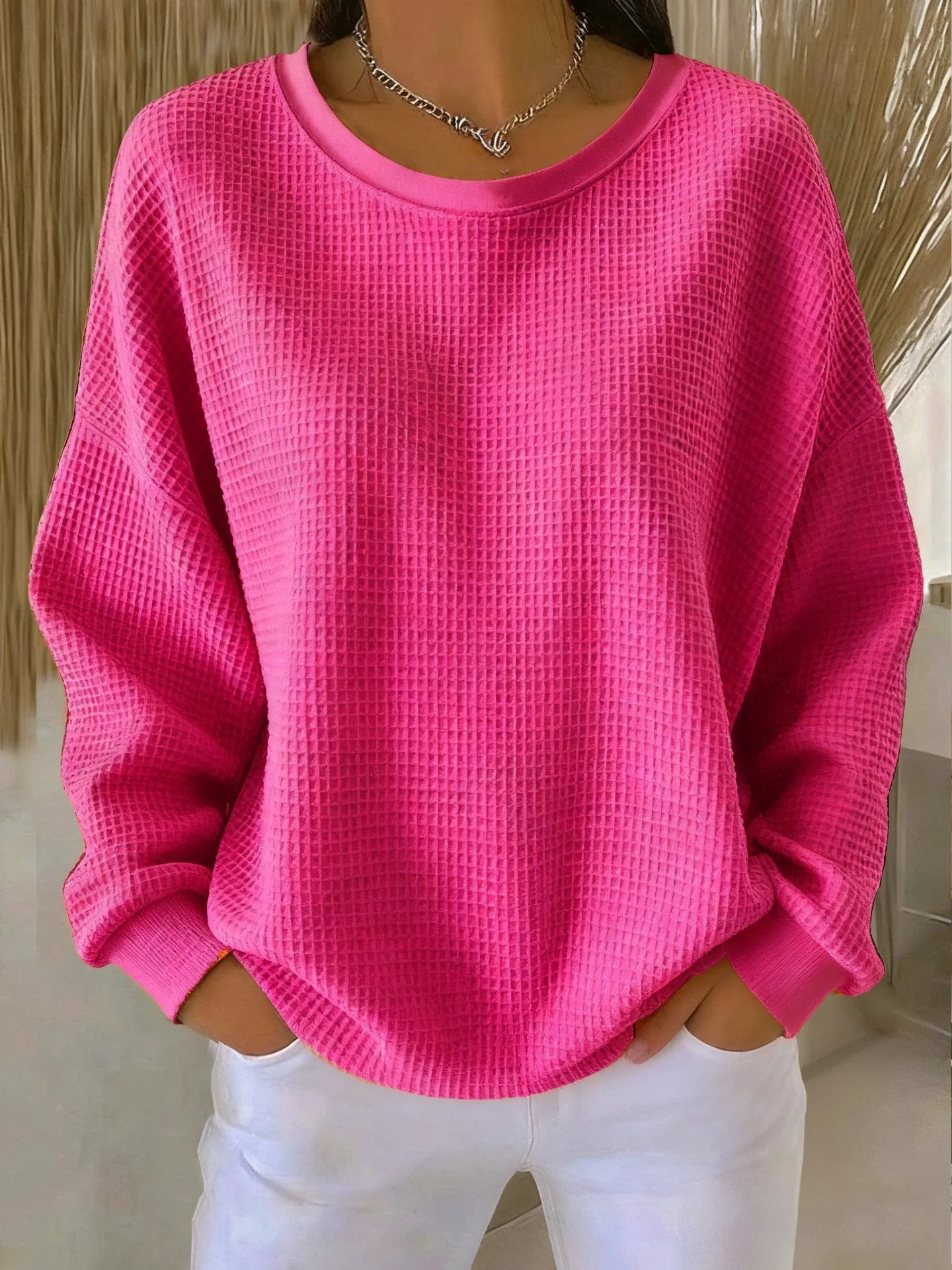 Women's loose-fitting casual pullover with 3D effect pattern in polyester, available in multiple colours