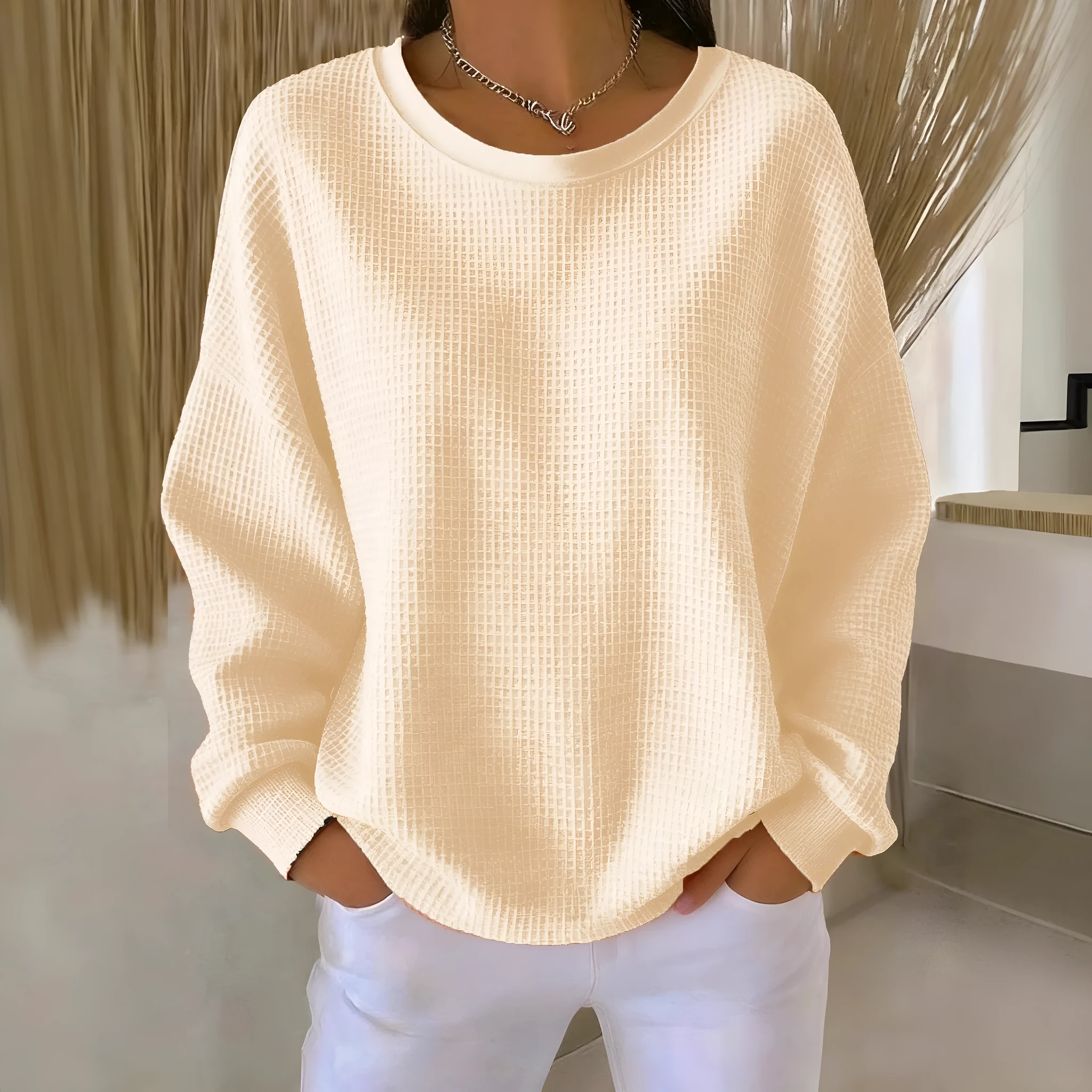 Women's loose-fitting casual pullover with 3D effect pattern in polyester, available in multiple colours