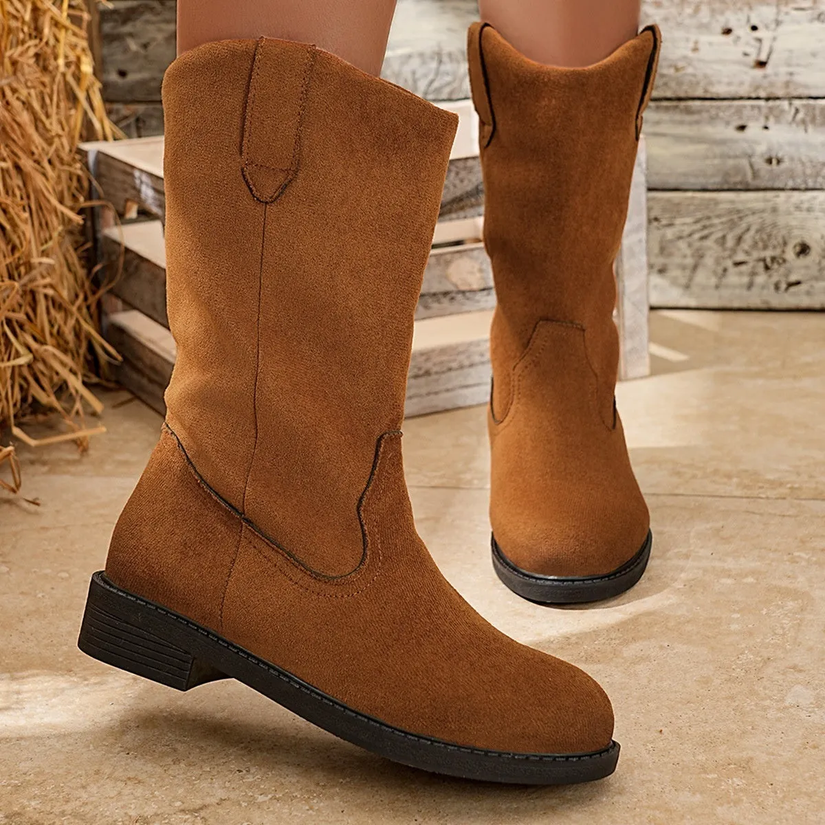 Women's oversized thick heeled black velvet fashion boots with PU upper and rubber sole