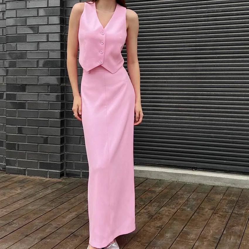 Pink polyester sleeveless vest and long split skirt suit for women