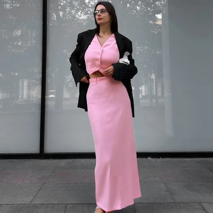 Pink polyester sleeveless vest and long split skirt suit for women