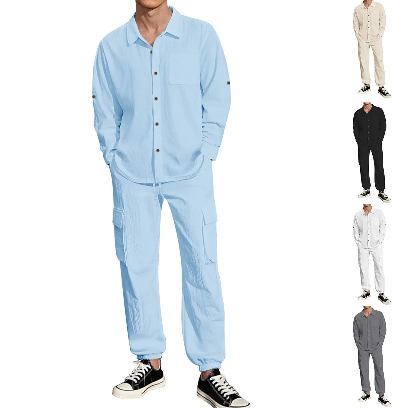 Long sleeve lapel linen shirt and trousers suit set for women in apricot colour on white background