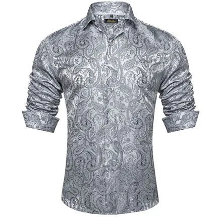 Men's polo collar long sleeve button top shirt with floral pattern, four-way stretch polyester, available in sizes S to 5XL