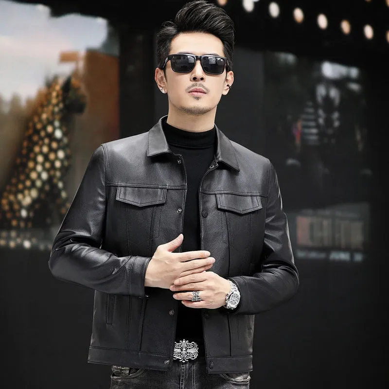 Men's black cowhide leather jacket with polo collar, polyester lining, sizes L to 5XL, front view