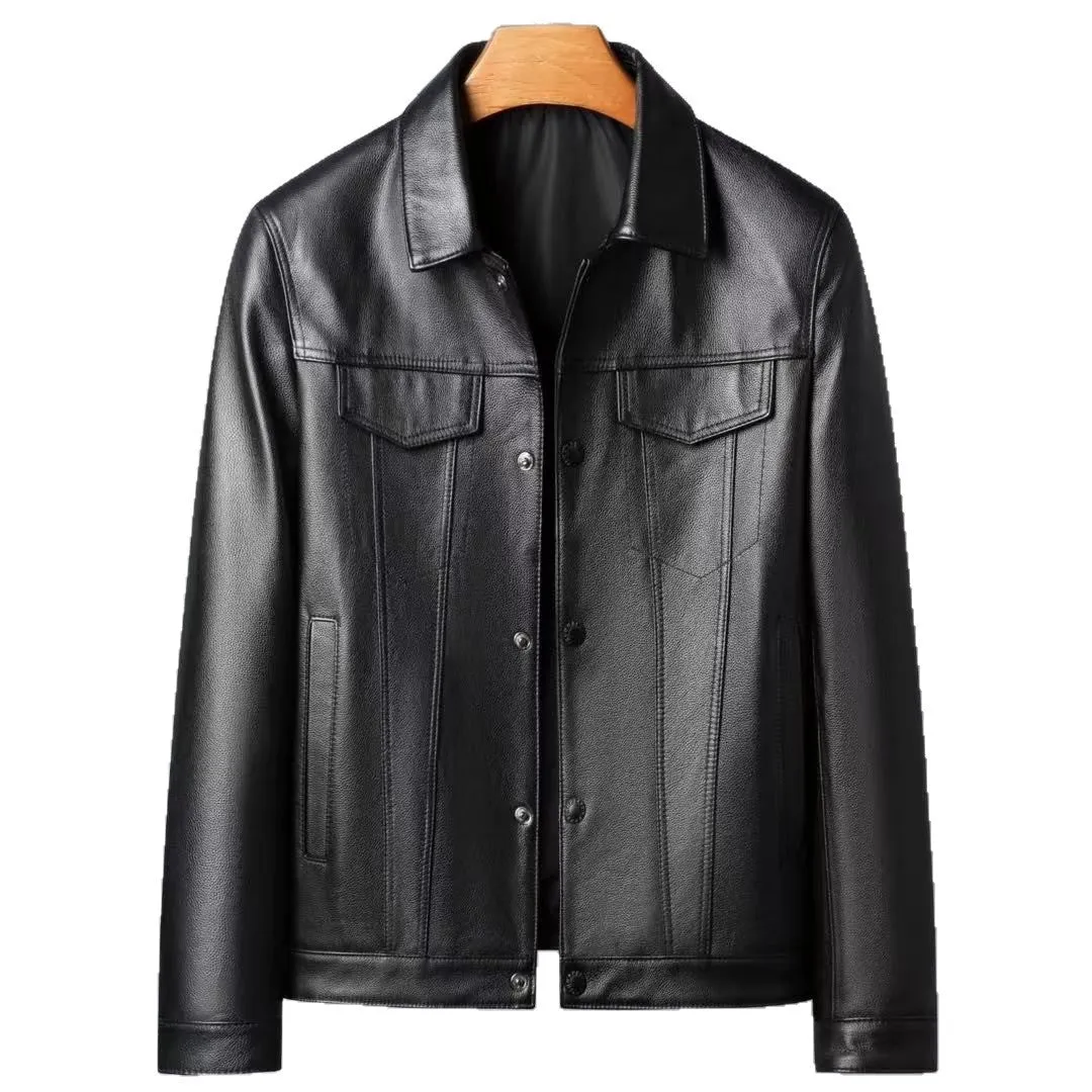 Men's black cowhide leather jacket with polo collar, polyester lining, sizes L to 5XL, front view