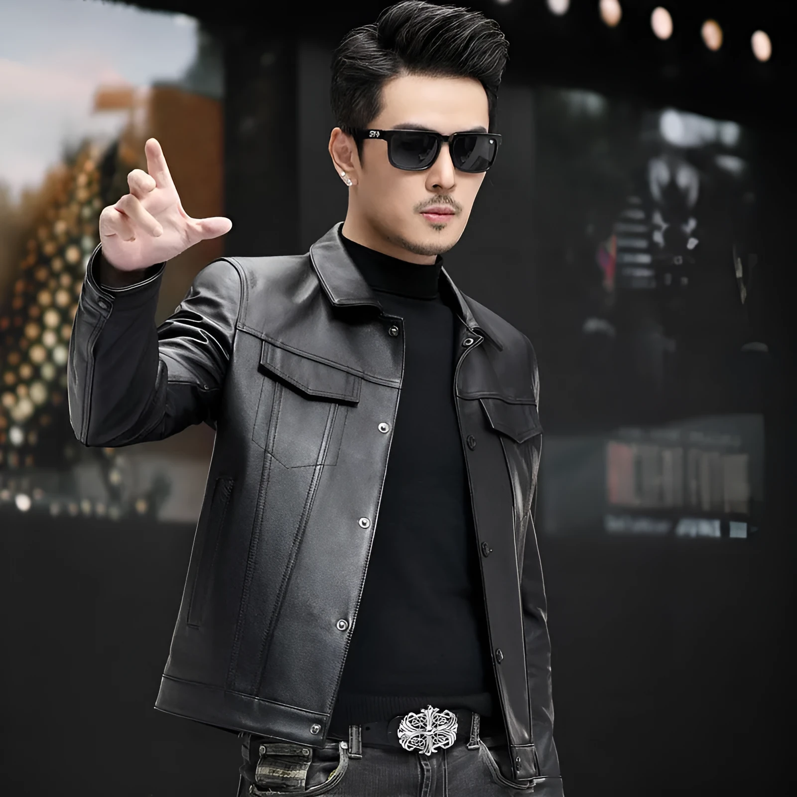 Men's black cowhide leather jacket with polo collar, polyester lining, sizes L to 5XL, front view