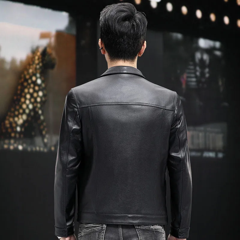 Men's black cowhide leather jacket with polo collar, polyester lining, sizes L to 5XL, front view